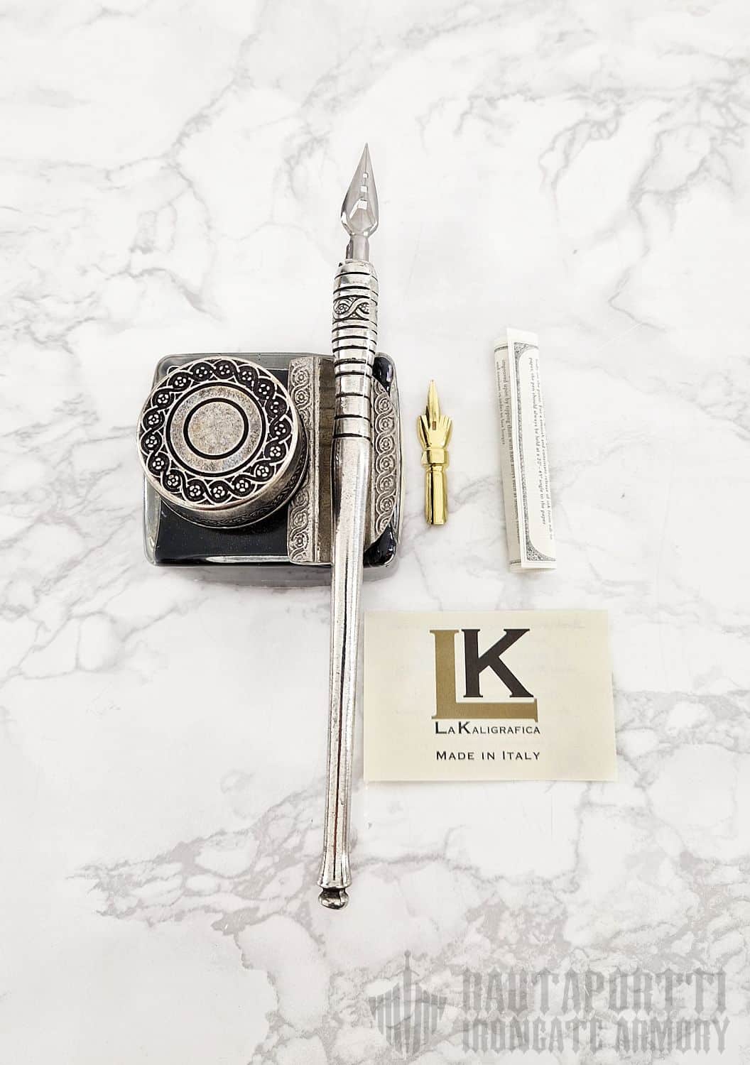 Pewter Calligraphy Pen & Large Ink Bottle with Pen Holder - Image 3