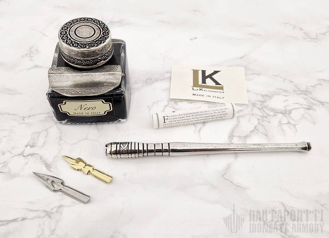 Pewter Calligraphy Pen & Large Ink Bottle with Pen Holder - Image 2