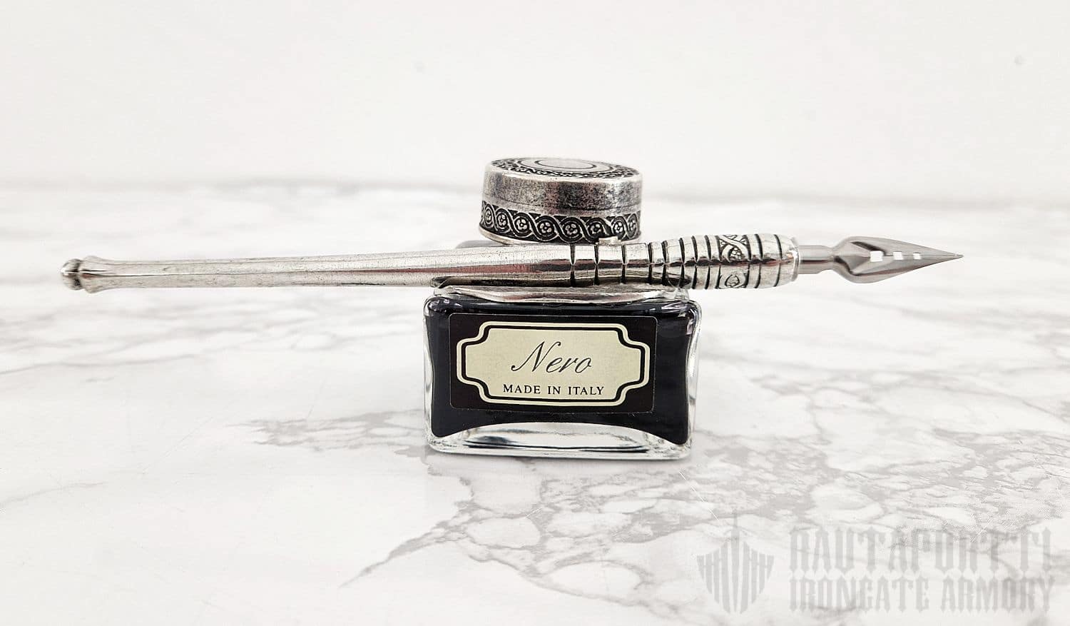 Pewter Calligraphy Pen & Large Ink Bottle with Pen Holder - Image 4