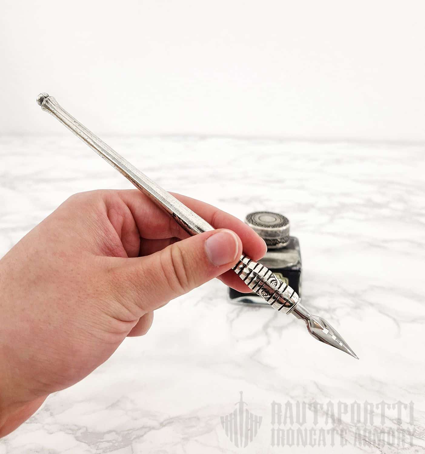 Pewter Calligraphy Pen & Large Ink Bottle with Pen Holder - Image 5