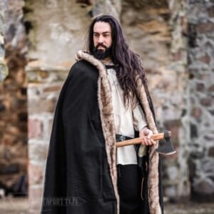 Black Wool Cape with Faux Fur